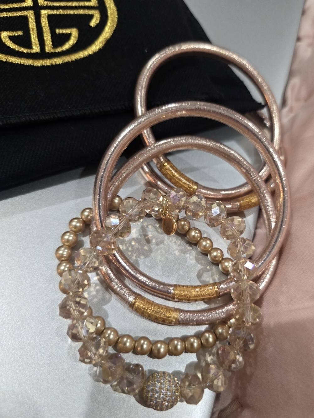 Rose Gold-Tone Multi-Stack Bracelet Set with Crystal and Pearl Beads